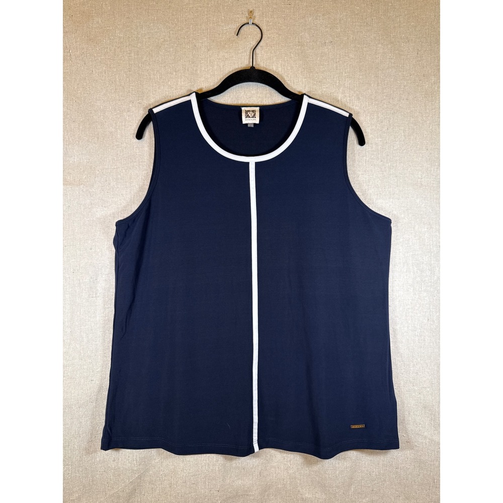 Anne Klein Navy Blue Sleeveless Shell Top White Contrast Piping Tank Size L